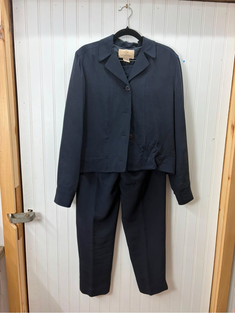 Design by Pat Argenti dark navy 100% Silk vintage blazer and trouser set